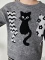 SHEIN Girls Cat Pattern Drop Shoulder Sweater