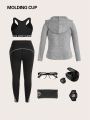 Yoga High Street Plus Size Sports Three Piece Zipper Jacket Line Trousers Letter Tape Bra