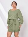 SHEIN Essnce Women's Solid Color Off Shoulder Dress With Waist Tie For Plus Size