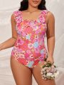 SHEIN Swim Mod Plus Size Women's Floral Print One-Piece Swimsuit With Ruffle Hem