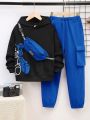 SHEIN Kids QTFun Tween Boy Cartoon Graphic Hoodie & Flap Pocket Sweatpants & Bag