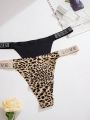 5pcs/pack Women's Leopard Print & Letter And Rhinestone Decor Thong Underwear