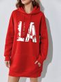 Women's Letter Printed Drawstring Hoodie Dress