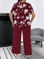 SHEIN LUNE Plus Floral Print Batwing Sleeve Top & Knot Front Pants