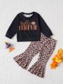 2pcs/set Baby Girls' Interesting Leopard Print Bell Bottom Pants Daily Casual Sweet & Cool Outfits For Fall