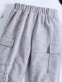 SHEIN Kids EVRYDAY Young Boy Light Grey Solid Color Casual Comfortable Mult-pocket Classic Pants/shorts, Suitable For Summer Or Autumn