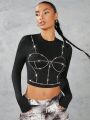 SHEIN BAE Women's Knitted Body-Shaping Rhinestone T-Shirt