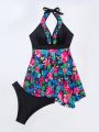 SHEIN Swim Classy Tropical Print Halter Top And Triangle Bottom Bikini Set
