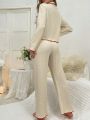 Women's Color Block Trimmed Long Sleeve Top And Casual Pants Homewear Set