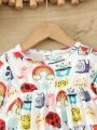 Fun And Cute Cartoon Print Pleated Dress For Baby Girls