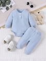 SHEIN Newborn Baby Boy 2pcs Button Front Long Sleeve Romper And Pants Daily Cute Outfits