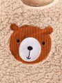 Newborn Baby Boys' Cute Fashionable Bear Embroidery Round Neck Long Sleeve Fleece Jumpsuit With Hat, Autumn & Winter