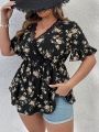 SHEIN VCAY Plus Size Ladies' Lace Patchwork Flower Pattern Ruffle Sleeve Blouse