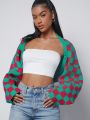 Wild Coco Berry Checker Pattern Drop Shoulder Open Front Crop Cardigan