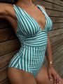 SHEIN Swim Vcay Striped Plunging Neck One Piece Swimsuit