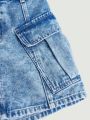 SHEIN Teenage Girls' Streetwear Y2k Snow Wash Denim Mini Skirt With Utility Pockets