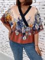 Plus Size Wrap Neck Floral Printed Blouse