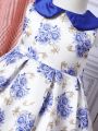 Infant Girls' Blue Floral Peter Pan Collar Cute Daily Casual Dress For Spring And Summer