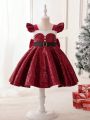 Toddler Girls' Colorblocked Ruffled Dress With Decorative Bow At Back, Suitable For Formal Occasions