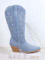 Denim Embroidery Detail Chunky Heeled Boots