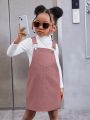 SHEIN Kids Cooltwn Young Girl Mock Neck Tee & Pocket Patched Overall Dress