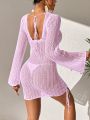 SHEIN Swim BohoFeel Fashionable Women'S Bell Sleeve Drawstring Ruched Cover-Up Top