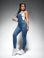 1pc Slim Fit Denim Suspender Jumpsuit With Diagonal Pocket