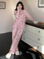 DAZY Ladies Cartoon Rabbit Print Doll Collar Long Sleeve Top Long Pants Pajama Set