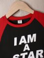 Toddler Boys' Color Block Slogan Print Top And Solid Color Shorts Set