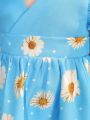 SHEIN Baby Girl Summer Holiday Flower Pattern Flutter Sleeve Dress With Headband Set