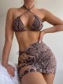 Snakeskin Print Bikini Set Tie Back Micro Triangle Bra Top & Thong & Cut Out Skirt 3 Piece Swimsuit,Summer Beach