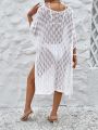 SHEIN Swim BohoFeel Women's Solid Color Hollow Out Knit Fringed Loose Cover Up