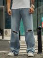 Men Ripped Frayed Straight Leg Jeans