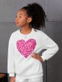 SHEIN Kids Cooltwn Tween Girl Heart Print Drop Shoulder Pullover