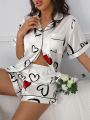 Heart Print Contrast Piping Satin PJ Set