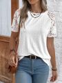 Round Neck Short Sleeve T-Shirt With Lace Patchwork