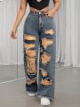 SHEIN ICON Ripped Raw Hem Wide Leg Jeans