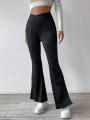 Daily&Casual Pocket Design Slit Flare Pants With High V Waist