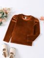 SHEIN Kids EVRYDAY Young Girl Puff Sleeve Velvet Blouse