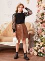 SHEIN Kids FANZEY Teen Girls' Knitted Patchwork Puff Sleeve Top And Woven Solid Pu Leather A-Line Skirt Set