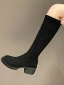 Women's Fashionable Autumn And Winter Simple Slip-on Black Stretch Boots, Versatile And Slim-fit, Casual