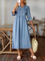 SHEIN LUNE Denim Dress With Rolled Sleeves And Notched Collar