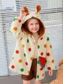 SHEIN Kids QTFun Young Girl Polka Dot Print 3D Ear Design Hooded Teddy Coat