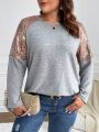 SHEIN Frenchy Women's Plus Size Sequin Patchwork Round Neck Long Sleeve T-shirt