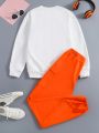 Teenage Girls' Letter Printed Round Neck Sweatshirt And Pants Set, 2pcs