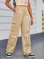 SHEIN Kids Cooltwn Girls' Fashionable Sporty Woven Solid Color Cargo Pants