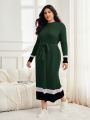 SHEIN Mulvari Plus Size Color Block Trimmed Belted Sweater Dress