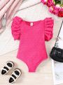 SHEIN Kids EVRYDAY Little Girls' Knitted Monochrome Flying Sleeve Bodysuit With Flounce Detail For Casual Wear