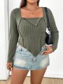 Plus Size Single Color Ribbed Knitted Button Detail T-Shirt