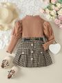 2-piece Set For Girls And Ladies Solid Color Lantern Sleeve Lace Collar Pullover Houndstooth Belted Skirt Suit Winter